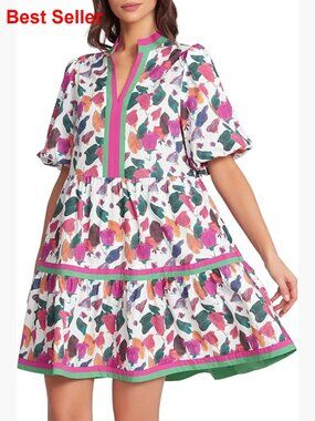 Cotton Babydoll Mini Dress with Puff Sleeves and Side Pockets